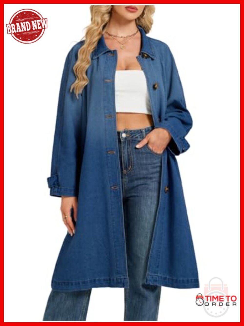 Women Long Denim Trench Coat Oversized Midi Jean Jacket Duster